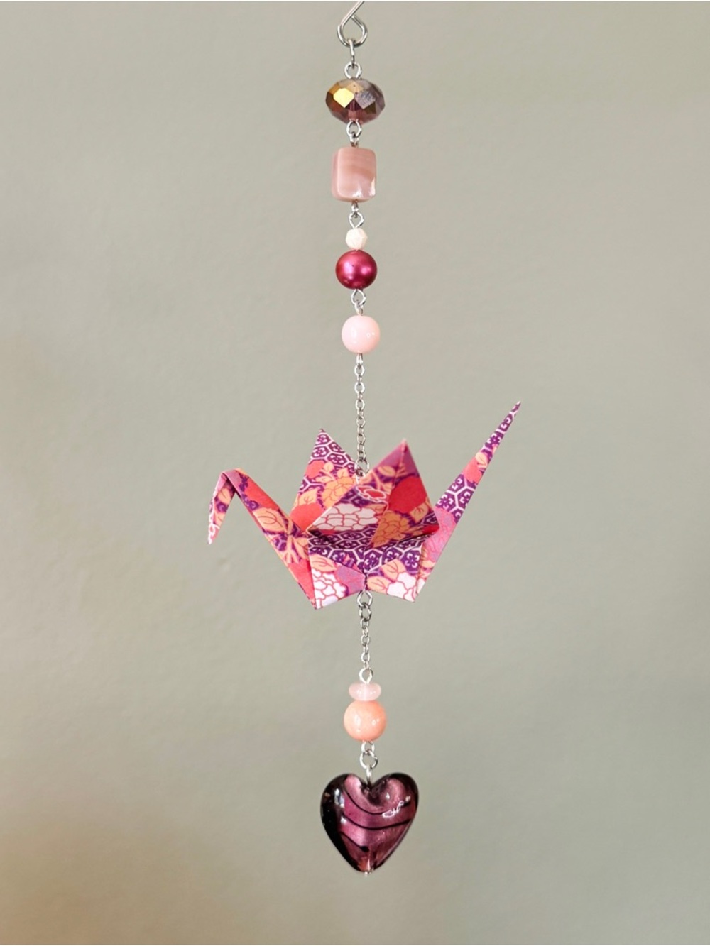 Origami Ornament #2454 - Medium Crane with Glass Heart